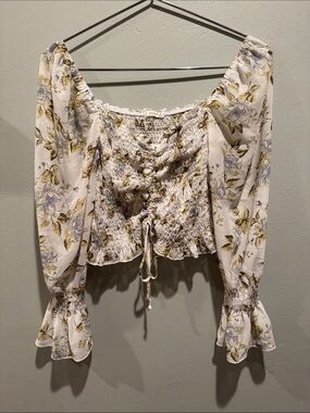 Timing Floral Sheer Shirred Peasant Long Sleeve Top Light Cream with Blue Floral